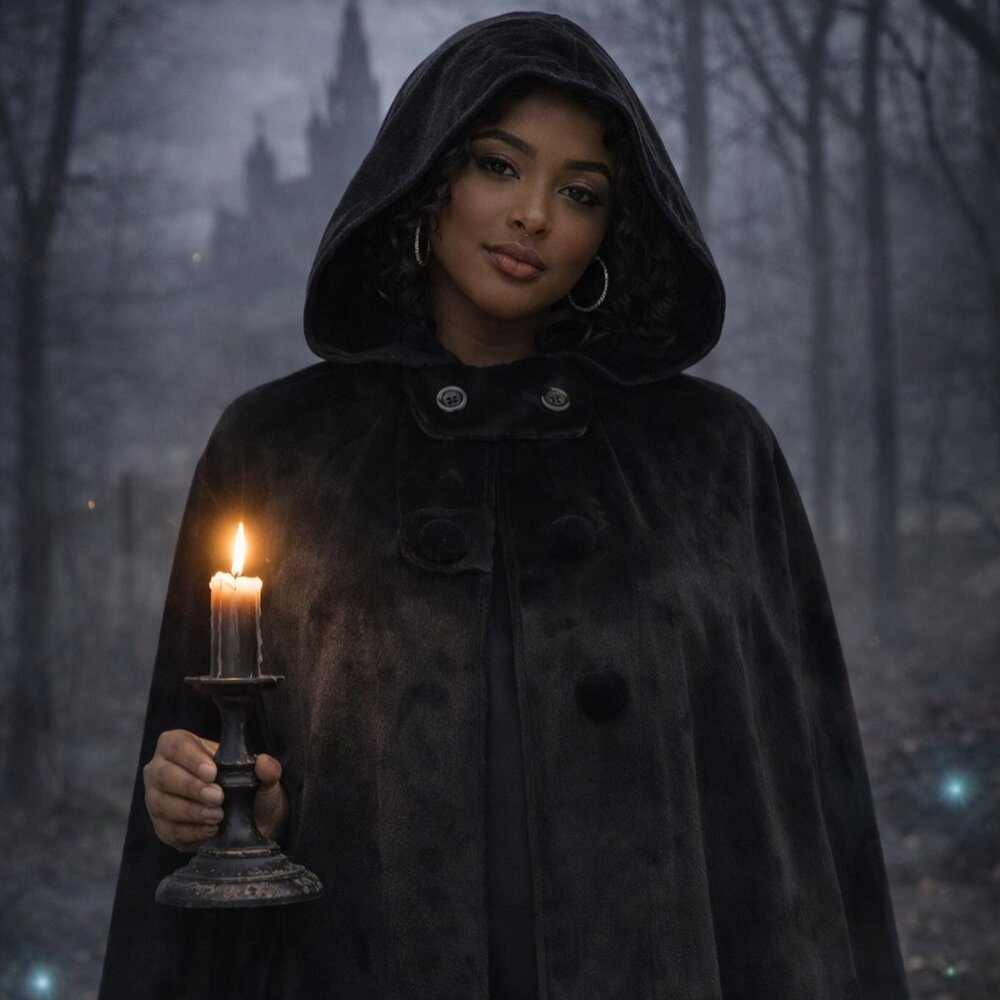 Black Hooded Velvet Cape Cloak Sleeveless Warm Layering Wrap Gothic Cozy Outdoor